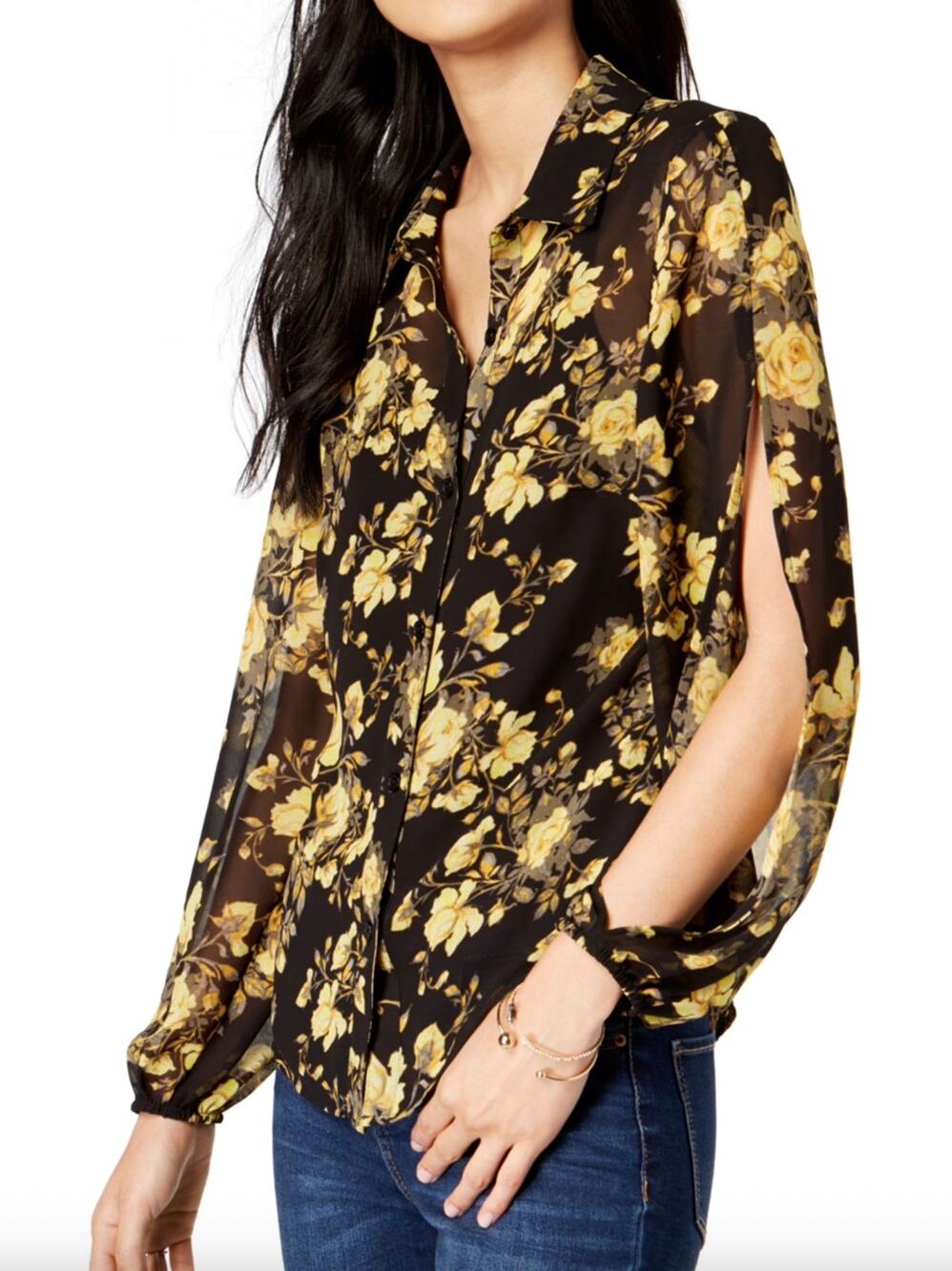 NEW I.N.C International Concepts Floral Split Sleeve Button Down Blouse Size XL